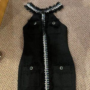 Black Tweed Embellished Halter Dress